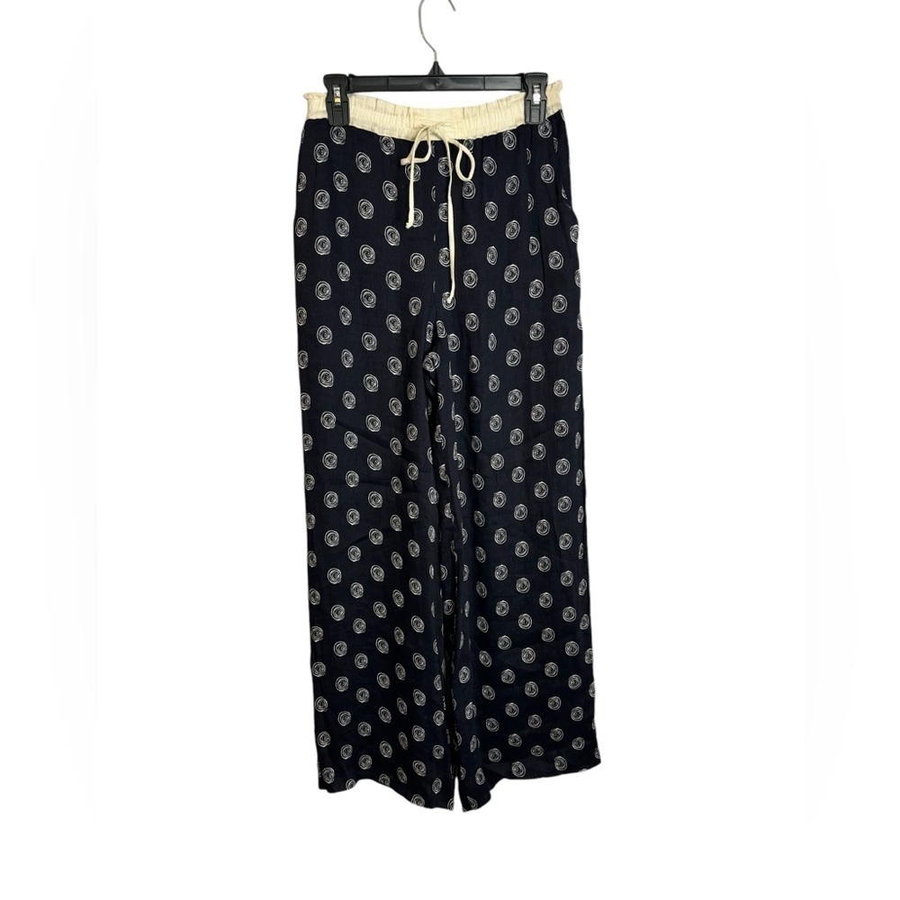Vintage Platinum Dorothy Schoelen Navy Wide Leg Linen Blend Abstract Pant Size 6